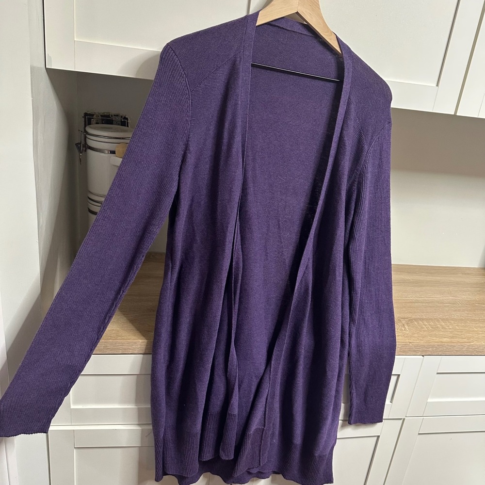 Eileen Fisher Open Front Organic Cotton Cardigan Womens L Purple Longline Draped